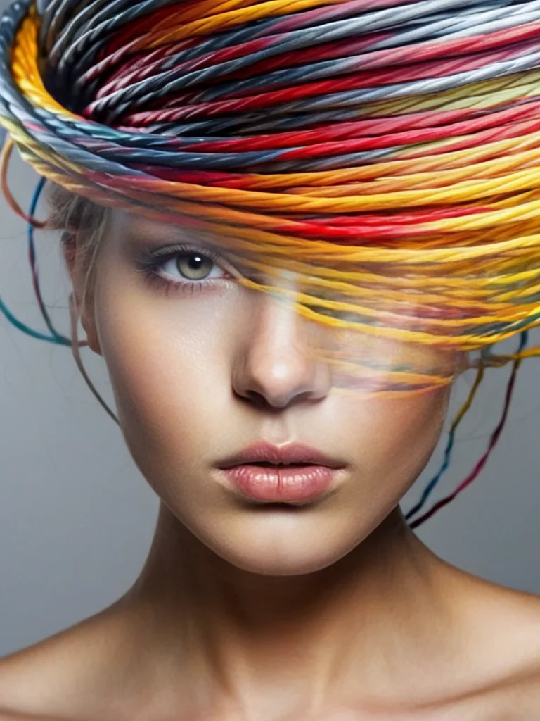 free flowing, high definition, color theory, stunning, sharp focus, close up of head, portrait of a girl, double exposure, twisted steel cable , amora-style <lora:antonio-mora-style:1>
