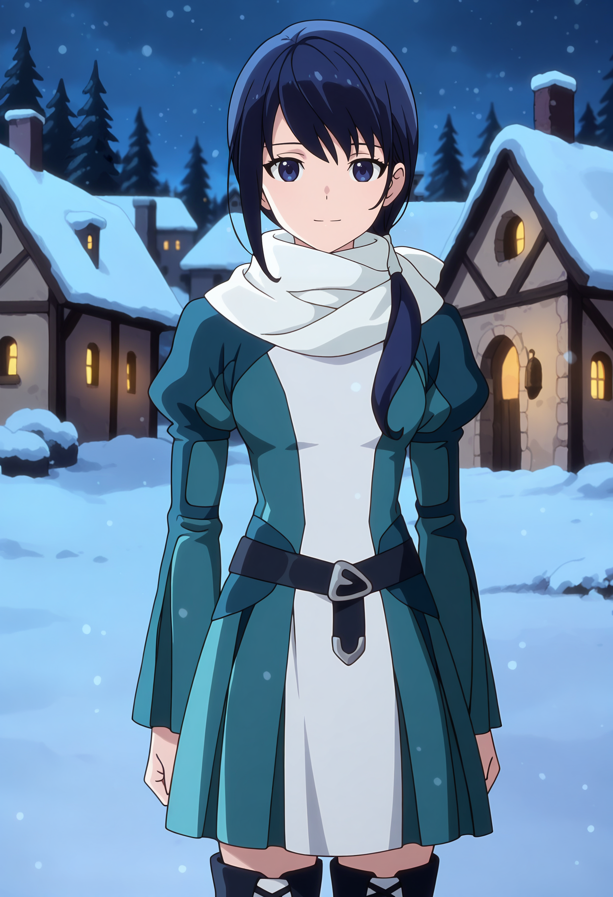 anime screencap, masterpiece, best quality,
<lora:HaiToGensouNoGrimgar_Mary_IlluXL:0.9>,
1girl, solo, closed mouth, light smile,
hair over shoulder, low ponytail, blue hair, blue eyes,
white scarf, multicolored dress, juliet sleeves, black belt, thigh boots,
standing, looking at viewer,
medieval, night, winter, snow, snowing, town, forest, foliage, blurry background