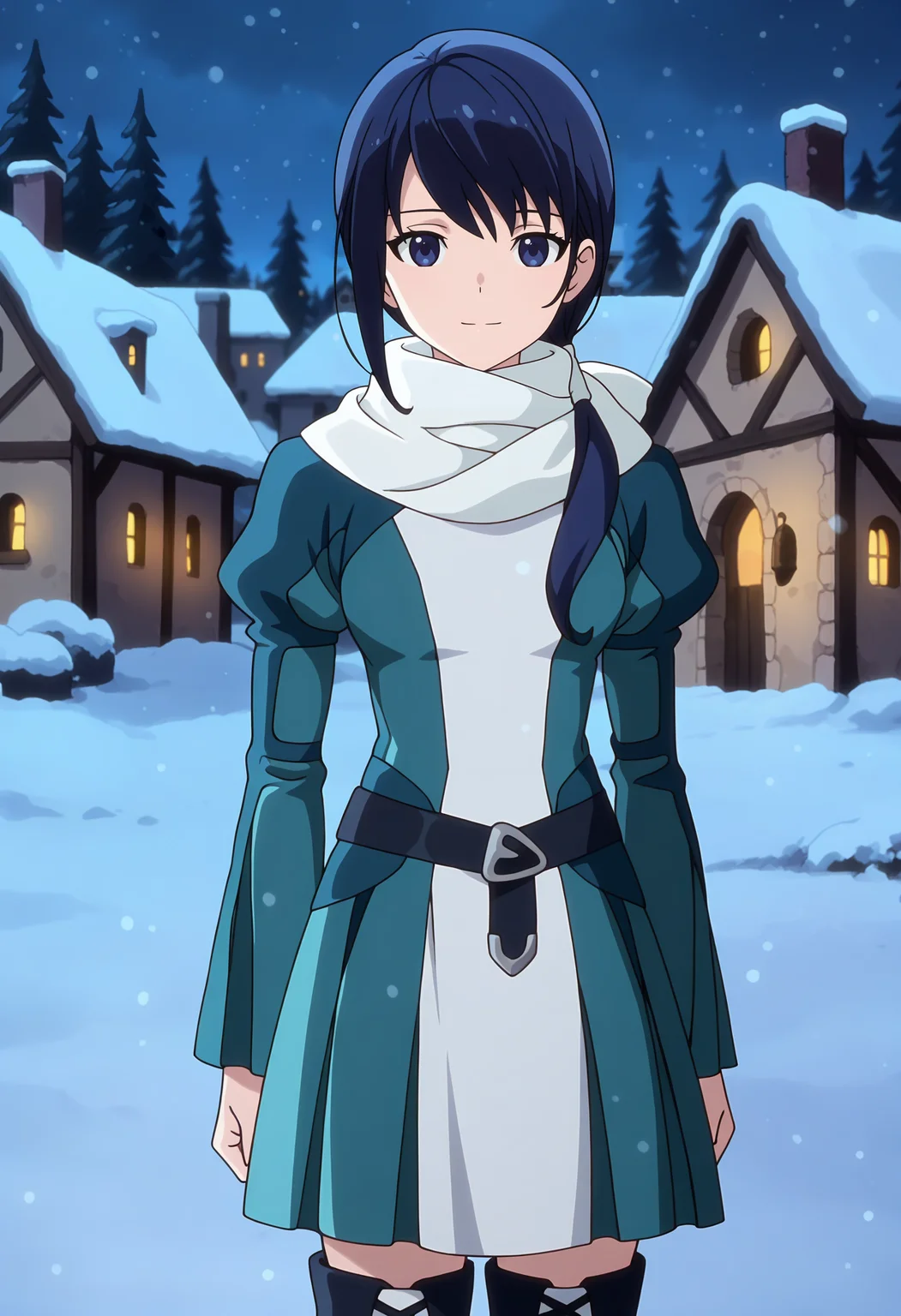anime screencap, masterpiece, best quality,
<lora:HaiToGensouNoGrimgar_Mary_IlluXL:0.9>,
1girl, solo, closed mouth, light smile,
hair over shoulder, low ponytail, blue hair, blue eyes,
white scarf, multicolored dress, juliet sleeves, black belt, thigh boots,
standing, looking at viewer,
medieval, night, winter, snow, snowing, town, forest, foliage, blurry background