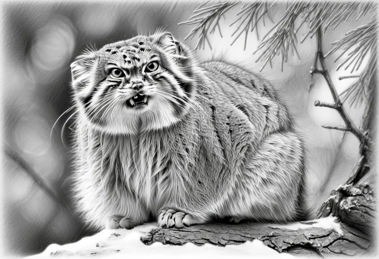 extreme closeup head shot of an annoyed manul on a branch, Otocolobus manul, looking at viewer, angry, mouth open, background of pines and fir, dead bush, few snowy rocks, snow, light snowfall, tree trunks, Jed-Pen