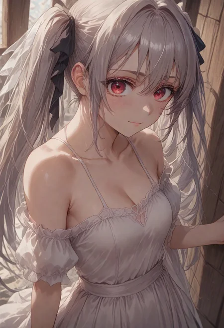 score_9, score_8_up, score_7_up ,source_anime,highres,16k, official art,beautidul detailed hair,beautiful detailed eyes,perfect anatomy,hairdetailer,very aesthetic, absurdres, intricate detailed, very aesthetic,cute face,clear skin,shiny hair,rating_explicit,
in the castle, princess,view from behind,looking back,
1girl, bare shoulders,cleavage, collarbone, tiara, white dress,hair ornament,ribbon on waist,
<lora:lynneburg-clays-s1-ponyxl-lora-nochekaiser:0.8>, lynneburg clays, long hair, red eyes, twintails, grey hair, hair intakes, hair ribbon, smile, solo, full body,
,<lora:detail_eyes:0.><lora:add-detail-xl:0.5>, <lora:flat_sdxl:-0.5> , <lora:Alien_Hive:0.4>,
<lora:xl_fairy_dress-1.0:0.8>