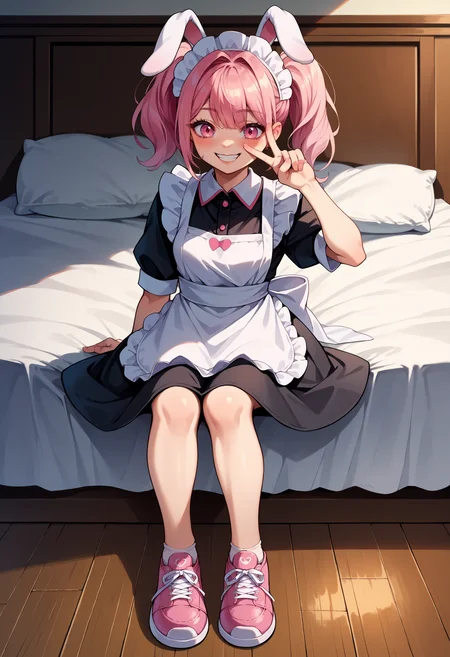 score_9, score_8_up,score_7_up, source_anime, 1girl, solo,
vgtsav, hand on own face,
<lora:VctryVsg_pdxl_EliPot:1>
pink footwear,rabbit girl,sitting,smile,maid apron,sidelocks,eyes visible through hair,apron,teeth,rabbit ears,short hair,pink eyes,shoes,female focus,full body,blush,pink hair,wariza,maid headdress,twintails,sneakers, on bed, indoors,