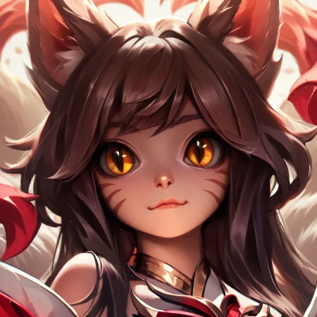score_9, score_8_up, score_7_up, score_6_up, ahri, cute, slit pupils, facial markings, yellow eyes, brown hair, white fox tail, big eyes, titled head,