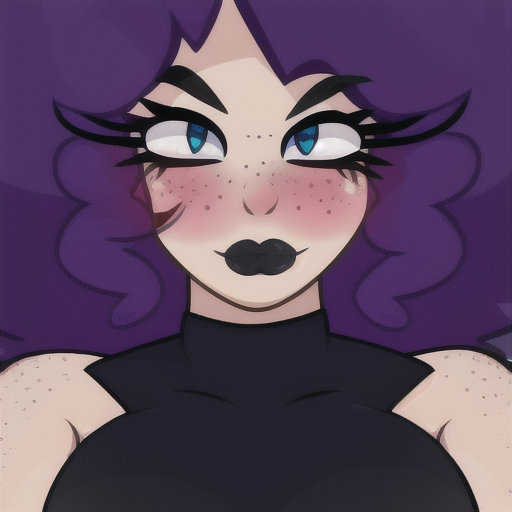 Dark Jess, Purple Hair, Long Hair, blush, purple lipstick, freckles, blue eyes,  <lora:PeachyPop34 Style Lohcon-step00219000:1>