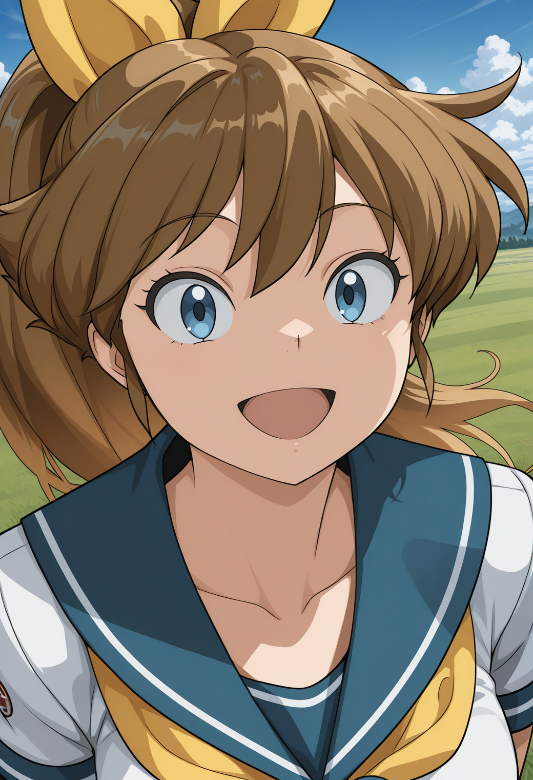 mugen_ryuko, blue eyes, brown hair, long hair, ponytail,  school uniform, serafuku, yellow neckerchief, white shirt, short sleeves, <lora:mugen_ryuko_illustrious_ver2:0.9> 
smile,, masterpiece, best quality, sensitive,, 1girl, solo, blue sky, (grasslands:1.2), looking at viewer,, (upper body:1.2), (close-up:1.2), (facing viewer:1.2), (open eyes:1.4), (portrait:1.2)