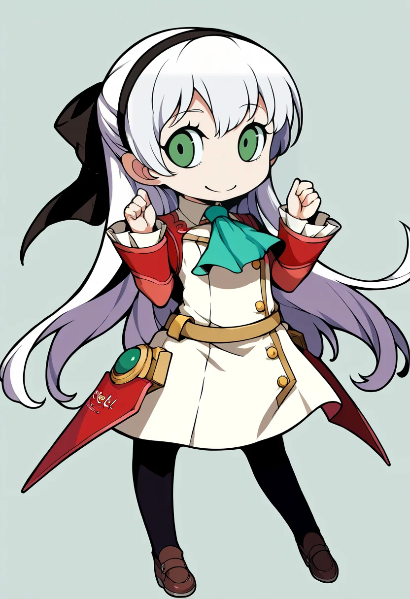 score_9, score_8_up, score_7_up, source_anime, BREAK, solo, 1girl, looking at viewer, smile, <lora:PQ-Style-pdxl_Fp:1>, simple background, full body, chibi, <lora:elie-pdxl-nvwls-v2:1>, zeroElie, black hairband, hair ribbon, long hair, ascot, uniform, long red sleeves, white dress, white hair, green eyes,