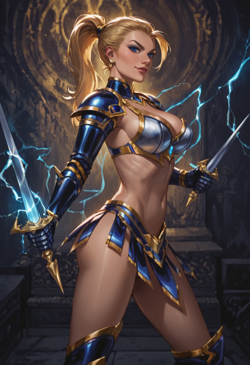 (score_9_up, score_8_up, score_7_up, score_6_up, scorr_5_up),, (high quality), (high resolution), ultra-highres, ultra-detailed, dark lighting,, beautiful eyes, perfect lips, Taria_Mace, blonde hair, ponytail, blue eyes, bikini armor, dark-blue armor, thighhigh boots, greaves, shoulder armor, pauldron, armored arms, gauntlets, gold trim, two swords, standing, looking at view, evil smirk, large breasts, wide hips, slim waist, sexy BREAK, colorful background, blue glow, electricity