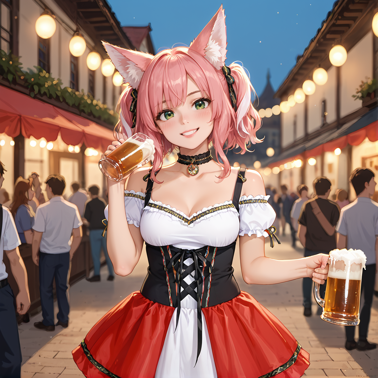 cinematic film still score_9, score_8_up, score_7_up,source_anime, (solo),  1woman, pink hair, twintails, fox ears, green eyes, light smile, blush, head tilt, medium breasts, outdoors, cowboy shot,crowd, party, BREAK   <lora:Oktoberfest_sexy_dress:0.8> okdir_1, sexy off-shoulder dress, short sleeves, drinking, beer mug, blurry background,  . shallow depth of field, vignette, highly detailed, high budget, bokeh, cinemascope, moody, epic, gorgeous, film grain, grainy