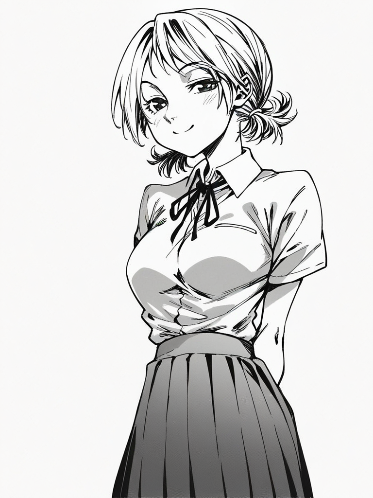 score_9, score_8_up, score_7_up,  
1girl, monochrome, 

amane midori, short twintails, medium breasts

white background, solo, standing, smile, closed mouth, narrowed eyes, looking at viewer, arms behind back,

white shirt, neck ribbon, short sleeves, school uniform, pleated skirt, 