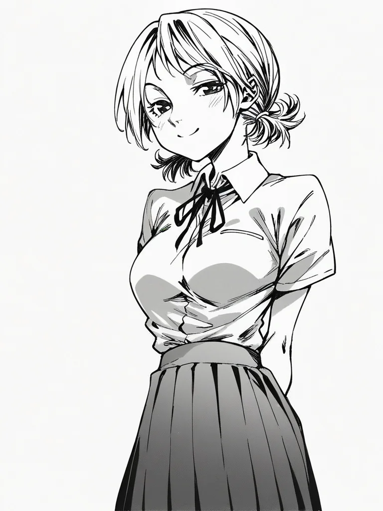 score_9, score_8_up, score_7_up,
1girl, monochrome,
amane midori, short twintails, medium breasts
white background, solo, standing, smile, closed mouth, narrowed eyes, looking at viewer, arms behind back,
white shirt, neck ribbon, short sleeves, school uniform, pleated skirt,