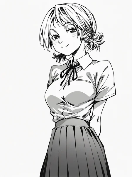 score_9, score_8_up, score_7_up,  
1girl, monochrome, 

amane midori, short twintails, medium breasts

white background, solo, standing, smile, closed mouth, narrowed eyes, looking at viewer, arms behind back,

white shirt, neck ribbon, short sleeves, school uniform, pleated skirt, 