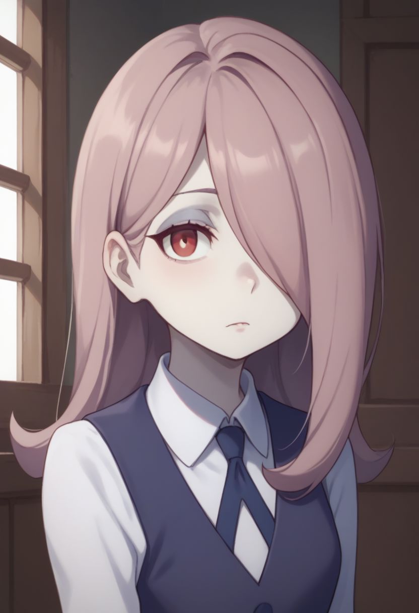 score_9, score_8_up, source_anime, highly detailed, 1girl, solo,
sucy, 1girl, pale skin, luna nova school uniform, solo, hair over one eye, school uniform, long hair, red eyes, pink hair, witch, upper body,
indoor,