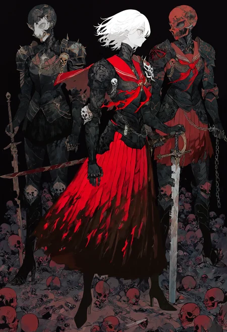 masterpiece, highres, absurdres, newest, very awa, 1girl, black armor, red serafuku, sailor collar, turtleneck dress, battle dress, holding weapon, planted sword, broken sword, hand on sword hilt, high heeled boots, skull pauldrons, chain on handle, looking afar, white hair, grey eyes, <lora:spo_sdxl_10ep_4k-data_lora_webui>, <lora:TA_trained:0.35>, <lora:NOOB_EPSv1_1_detailer_by_vlnvk_v0_5>, <lora:mon_monmon2133-000016:0.8>