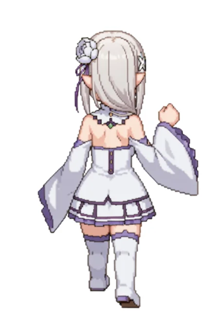 score_9, score_8_up, score_7_up, source_anime,
BREAK
<lora:shiSpriteV3:1.0>, backwalkright, chibi, full body, from behind,
simple background, white background,
1girl, solo, anime screencap, anime coloring,
<lora:shiEmiliaV2:1> shimilia, long hair, grey hair,
pointy ears, hair flower, purple ribbon, x hair ornament,
white dress, bare shoulders, wide sleeves, white thighhighs, thigh boots,