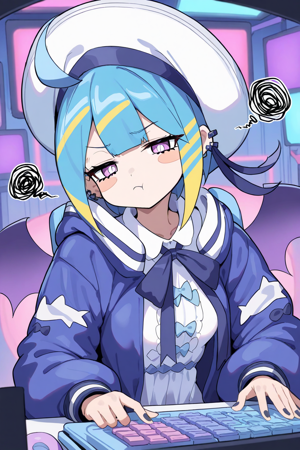 masterpiece, high score, great score, absurdres,
1girl, solo, upper body,
live twin lil-la, live twin lil-la 1st costume,
an energetic young female game streamer in an anime style, shown in a vibrant pop atmosphere as she loses a game and angrily slams her desk, angry, pout, squiggle, sitting gaming chair, surrounded by colorful neon lights and a dynamic gaming setup, highly detailed digital illustration, high resolution, playful yet intense mood, depth of field.
short hair,
blue hair, multicolored hair, streaked hair, blonde hair,
gradient hair,
blunt bangs,
sailor hat, hat ribbon, blue ribbon,
purple eyes,
blush stickers,
multiple earrings, earclip,
sidelocks,
ahoge,
mini wings, purple wings,
blue jacket, hooded jacket,
long sleeves, puffy sleeves,
collared dress, white dress, neck ribbon, breasts,
<lora:kp_LiveTwinLil-laAnimagineXL_v1:1.0>