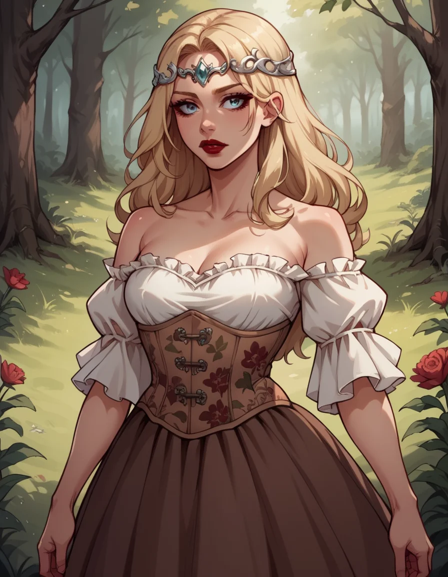 score_9, score_8_up, score_7_up, score_6_up, score_5_up, score_4_up, source_anime, 1girl, long blonde hair, makeup, red lipstick, hud_forest_fairy_dress, white and brown dress, puffy sleeves, floral corset, silver circlet, bare shoulders, <lora:forestfairyxlp_epoch_8:0.6>,
