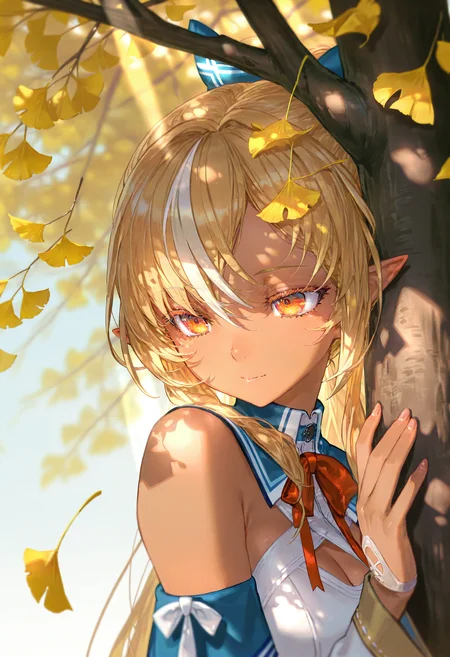 by [lack|fuzichoco|lam|kinta \(distortion\)|wlop|quasarcake|nixeu|happoubi jin|yoneyama mai],
shiranui flare, shiranui flare \(1st costume\), 1girl, virtual youtuber, blonde hair, dark-skinned female, streaked hair,
multicolored eyes, long eyelashes, colored eyelashes,
tree shade, ginkgo leaf,  outdoors, sunbeam,
masterpiece, best quality, very aesthetic, absurdres
<lora:illustrious_very_aesthetic_v1:1>