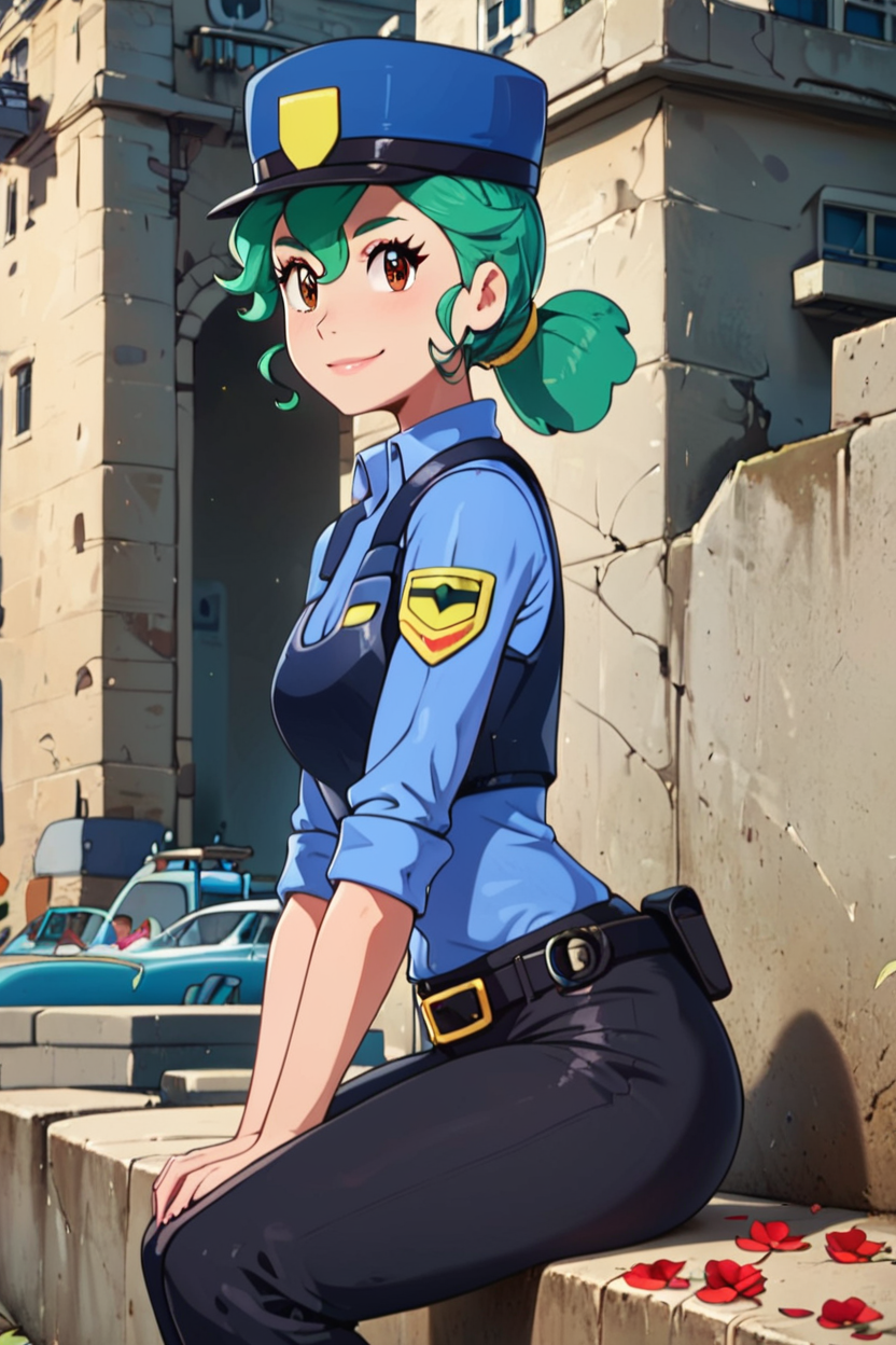 score_9, score_8_up, score_8, medium breasts, (curvy), cute, eyelashes,       ,,, ,  zzJenny, brown eyes, hair between eyes, green hair, long hair, ponytail, short hair, police uniform, policewoman, shirt, police hat, blue shirt, collared shirt, black pants,  <lora:JennySunMoonPDXL:1>, , BREAK, zzEiffelTower in background, sitting, watercraft, boat, sitting on wall, side view, looking at viewer, smile, ,,, BREAK, blooming stars, luminescent petals, otherworldly fragrance blurry background, ,,, embedding:zPDXL, Expressiveh, ,,, <lora:EiffelTowerPDXL:0.8>, <lora:CatalystStylePDXL:0.6>, <lora:SDXLFaeTastic2400:0.5>, <lora:Expressive_H-000001:0.4>,