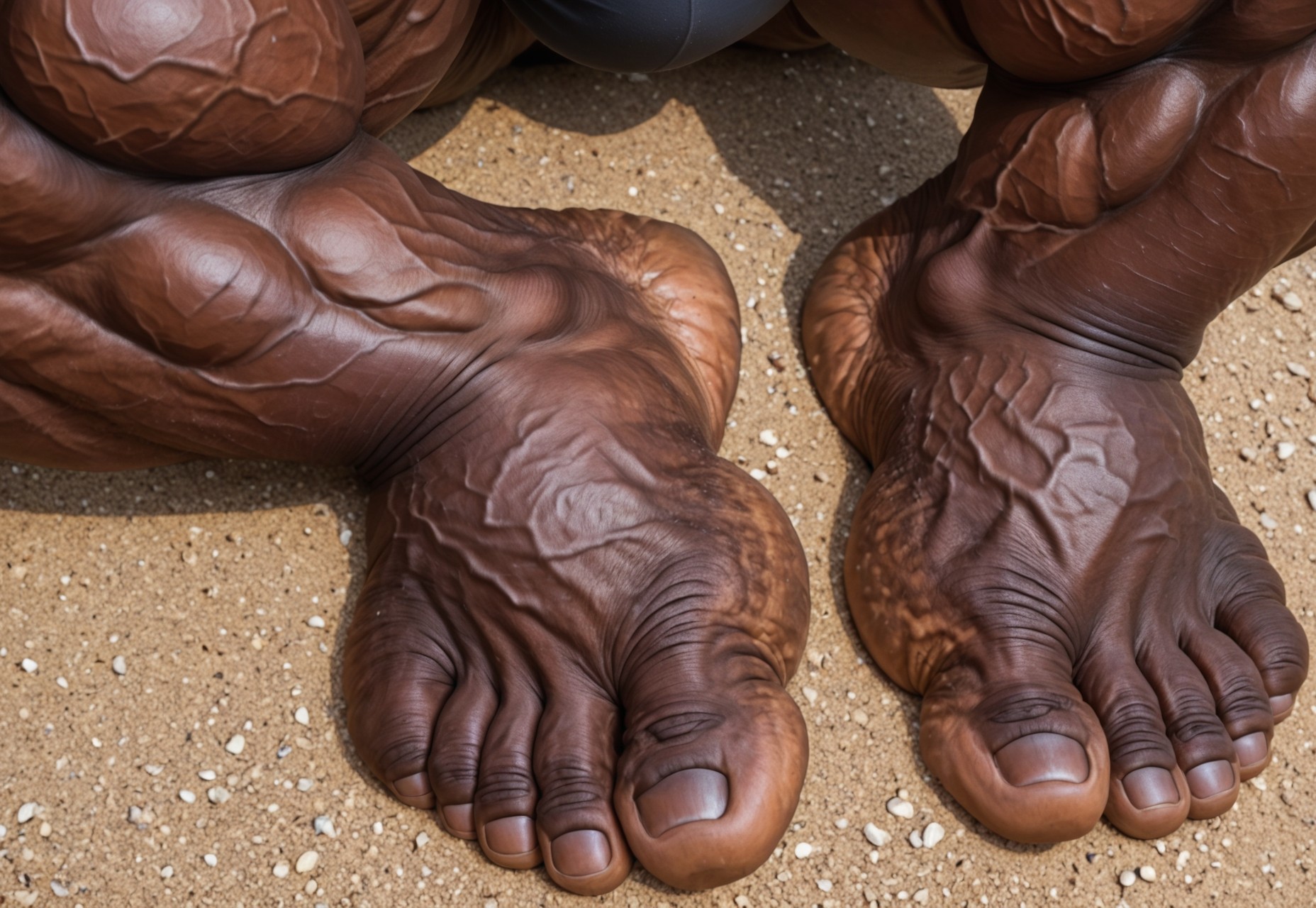 close up view of a male bodybuilder's large muscular wide thick feet as seen from above, 5 toes only on each foot, thick wide feet, thick toes