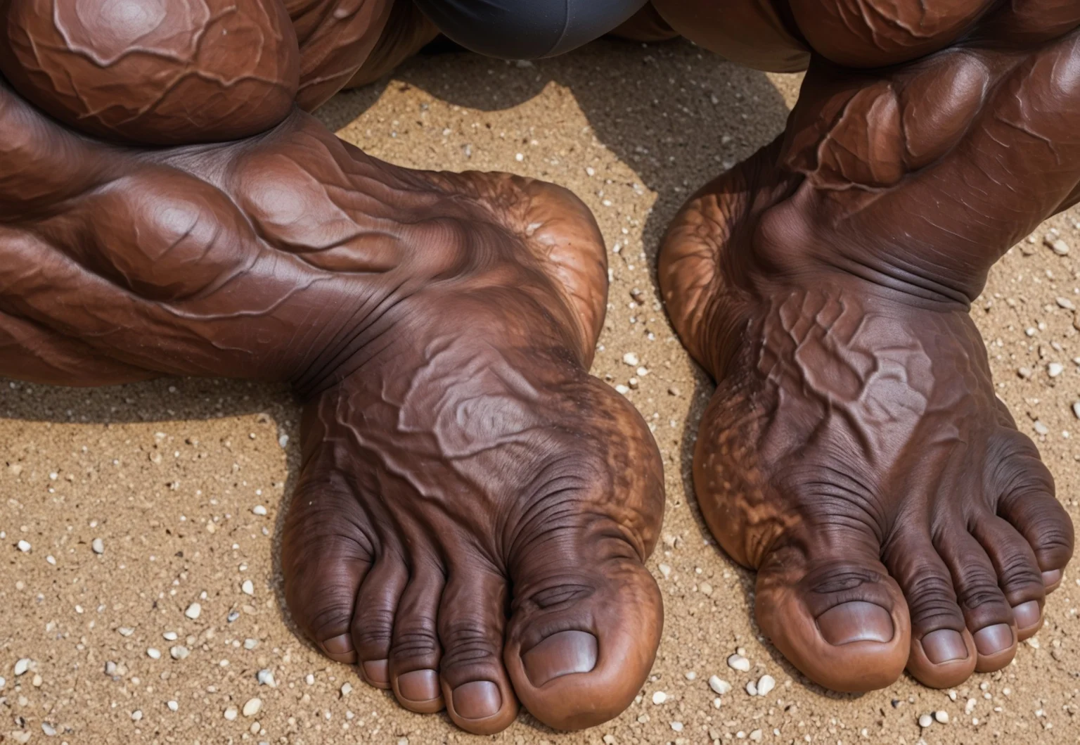 close up view of a male bodybuilder's large muscular wide thick feet as seen from above, 5 toes only on each foot, thick wide feet, thick toes