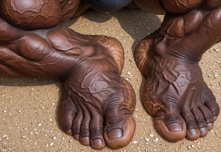 close up view of a male bodybuilder's large muscular wide thick feet as seen from above, 5 toes only on each foot, thick wide feet, thick toes