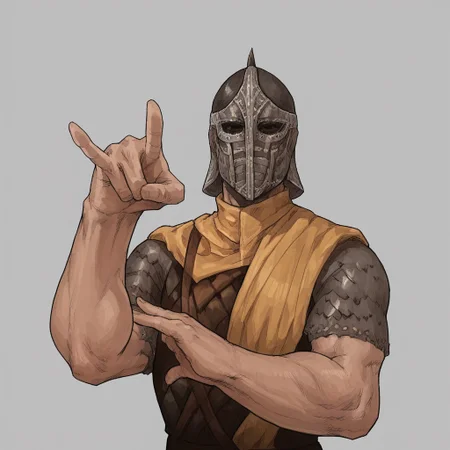 score_9, score_8_up, score_7_up, 1 boy, Whiterun_guard, helmet, armor, pointing with two fingers, pointing, looking at viewer, Sign of the Horns, corma gesture, horns sign, horns gesture,