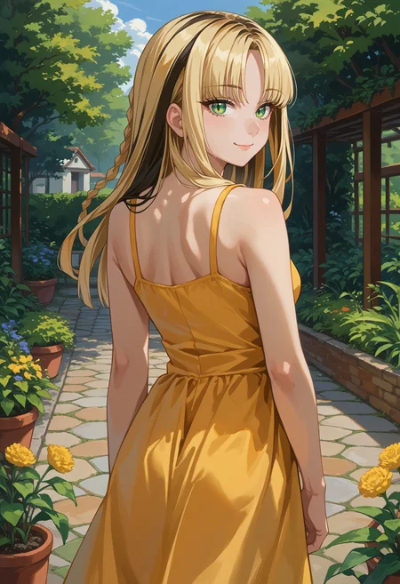 score_9, score_8_up, source_anime, 1girl, solo, KoganeiNiko, green eyes, slit pupils, multicolored hair, blonde hair, black hair, long hair, side braid, parted bangs, from behind, outdoors, garden, yellow sundress, looking back, smile, <lora:ChamKoganeiNikoPonyXL:1>