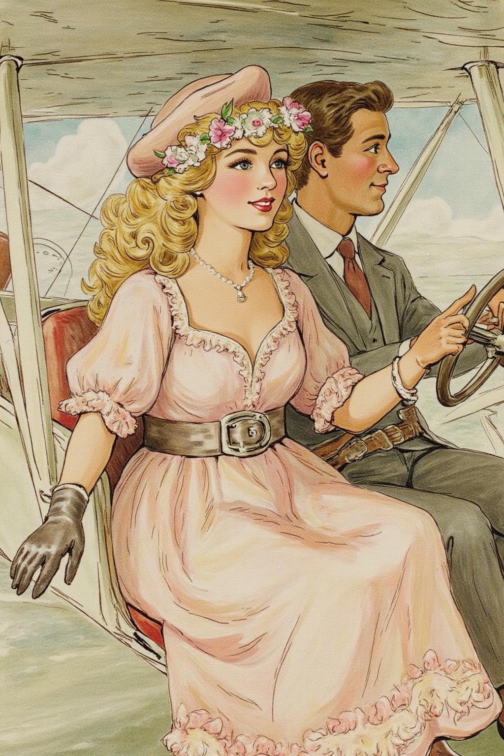 beatrixpotter1 illustration.
jcleyendecker1. A romantic scene of a couple on a vintage biplane. The woman, in the foreground, is a stylish woman with curly blonde hair adorned with a flower garland and wearing a light, flowing, peach-colored dress with a wide belt, a matching hat, and gloves. The man is piloting the biplane with his hands firmly on the steering wheel. <lora:beatrixpotter1_d8a4:1.0><lora:867033854068704330:0>