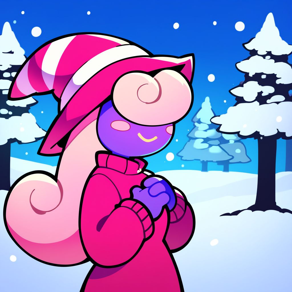 score_9, score_8_up, score_7_up, score_6_up, source_anime, best quality, blue background, snow, falling snow, winter, trees, BREAK 1girl, solo, vivian_(\paper_mario\), purple body, pink hat, witch hat, ghost, pink hair, long hair, no eyes, smile, hands on chest, pink sweater,  cowboy shot, side view, <lora:PDXL_Vivian_PM:1>