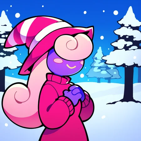 score_9, score_8_up, score_7_up, score_6_up, source_anime, best quality, blue background, snow, falling snow, winter, trees, BREAK 1girl, solo, vivian_(\paper_mario\), purple body, pink hat, witch hat, ghost, pink hair, long hair, no eyes, smile, hands on chest, pink sweater, cowboy shot, side view, <lora:PDXL_Vivian_PM:1>