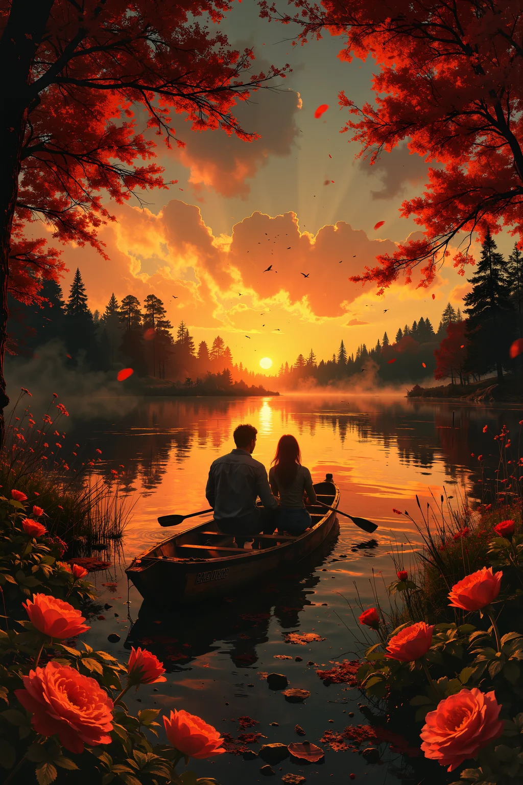 valentines day with flowers, sunrise, lake and 2 lovers in a rowboat, detailed background Fantastic lighting. Detailed shadows.intricate details, vivid colors, hyper-detailed, ultra-sharp, , <lora:Luminous_Shadowscape-000016:0.4><lora:black_fantasy_1.0:0.4><lora:Glitchcore_Flux:0.4><lora:- Flux1 - vanta_black_V2.0:0.4>