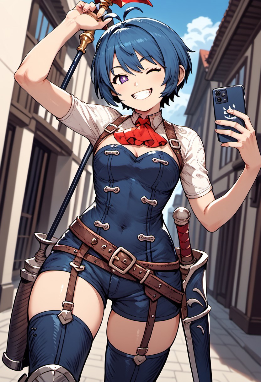 score_9, score_8_up, score_7_up,perfect eyes,hi_res,learte ,1girl, solo, thighhighs, short hair, shorts, leg armor, red ascot, antenna hair, bright pupils, short hair, selfie, arm up, smartphone, one eye closed, grin, smile, from below, outdoor, street, purple eyes, blurry background