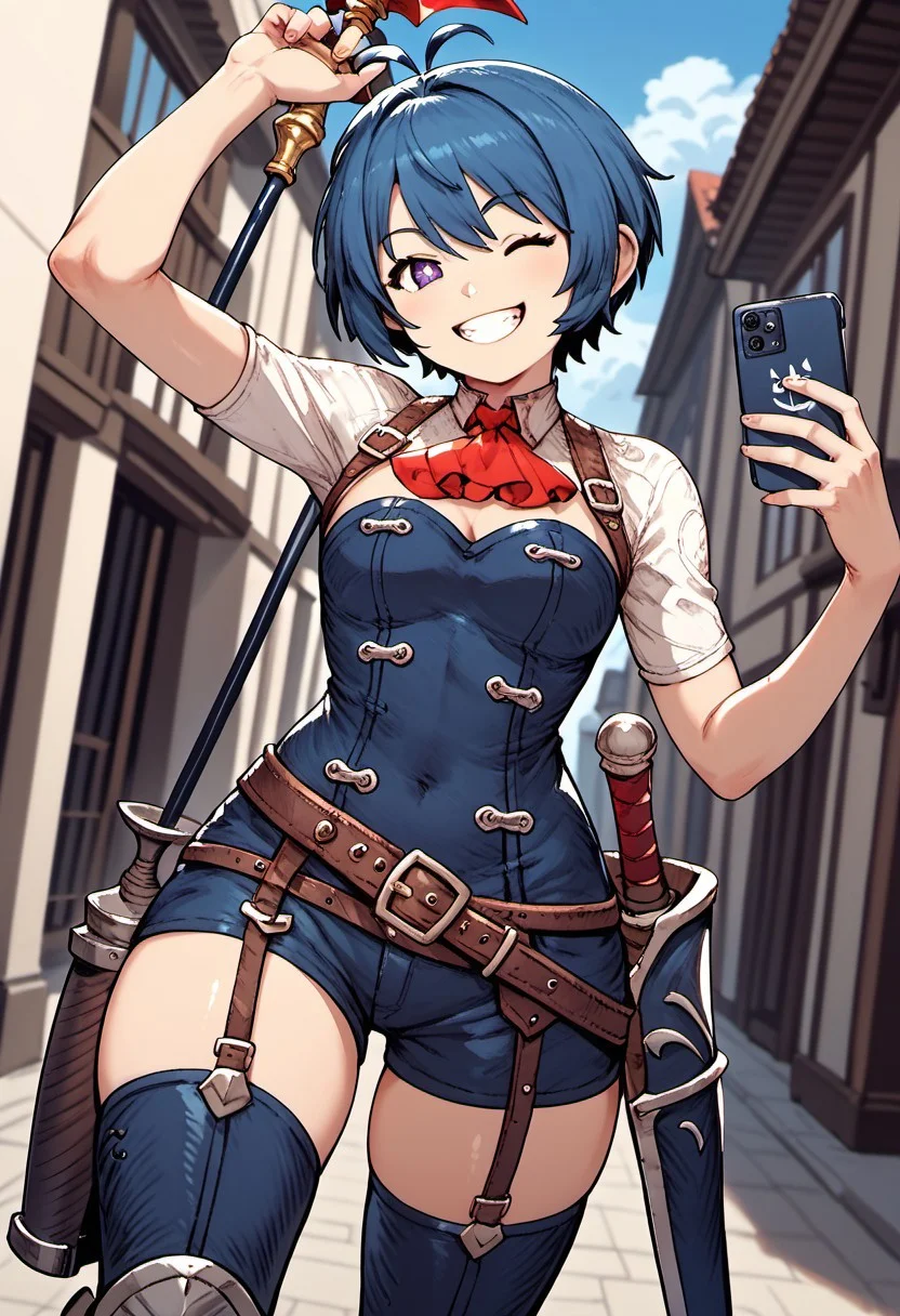 score_9, score_8_up, score_7_up,perfect eyes,hi_res,learte ,1girl, solo, thighhighs, short hair, shorts, leg armor, red ascot, antenna hair, bright pupils, short hair, selfie, arm up, smartphone, one eye closed, grin, smile, from below, outdoor, street, purple eyes, blurry background