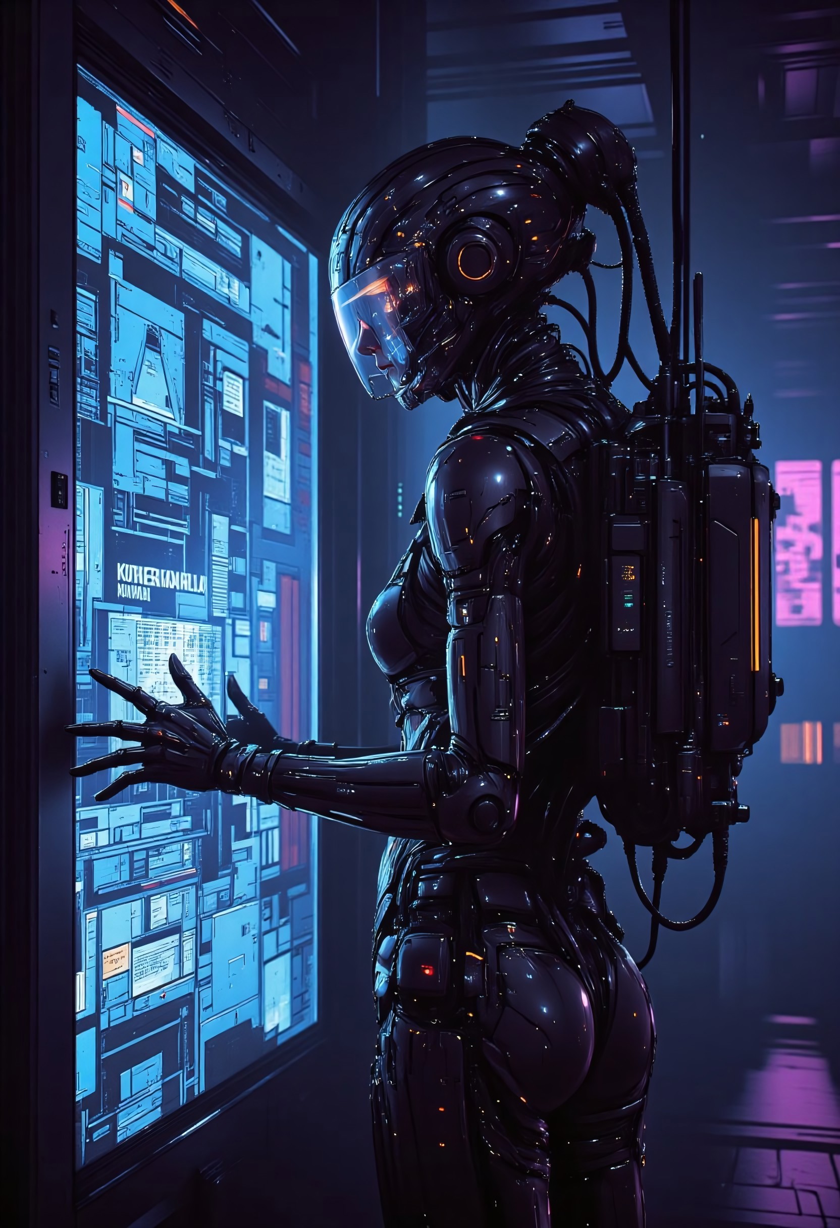 A futuristic cyberpunk-style female character in a high-tech environment. She wears a sleek, metallic bodysuit that reflects ambient neon lighting, with a form-fitting design emphasizing her figure. Transparent augmented reality visor covers her eyes, glowing with a soft futuristic light. A cybernetic backpack with multiple flexible tubes is attached to her back, connecting to an unknown system. She presses her hand against a holographic glass panel, which displays neon blue and white text, including instructions in multiple languages. The scene is dimly lit with ambient cyberpunk city lights reflecting off the glass. The environment suggests a futuristic high-tech laboratory, facility, or cyber-enhanced nightclub, immersed in deep blue and purple hues
