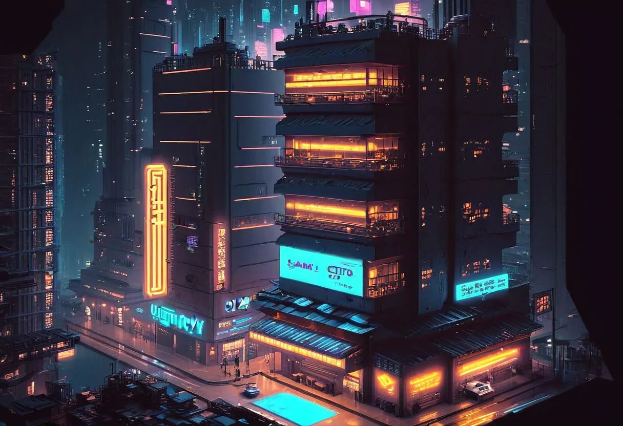 late night, neon city, shantytown, dystopian cyberpunk, isometric city, high quality, best quality, masterpiece, wallpaper dimensions,