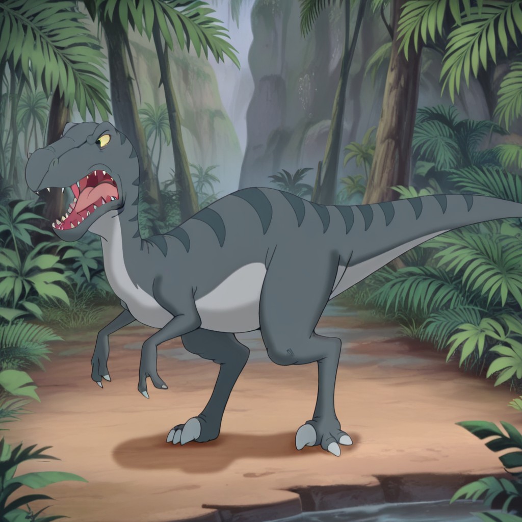 masterpiece, best quality, amazing quality, Screechlbttvil, feral, male, Deinonychus, dinosaur, blue skin, yellow sclera, black eyes, standing, jungle, open mouth, <lora:87987994-0d16-44d2-bc18-46cd90956f1b:1.0>
