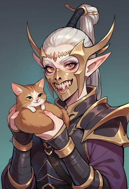 score_9, score_8_up, score_7_up,
DreadLord, elf, woman, solo, pale gray skin, white hair, helmet, mask,
holding a pet cat, happy,
<lora:Dark_Elf_Dreadlord_PonyXL_Total_War_Warhammer:0.8>