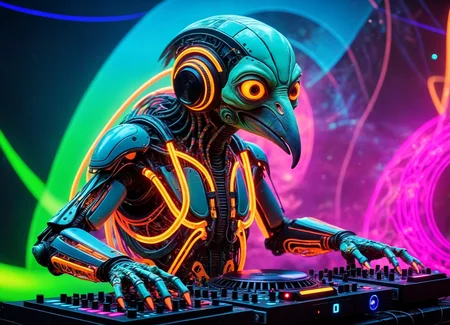 Ombre color scheme of neon orange, neon pink, neon blue, neon yellow, neon green, biomechanical cyberpunk psychedelic style cute weird (alien|penguin) creature DJing (at a rave:1.1) (giant speakers:1.2) (crowd distant background:1.15) (bokeh volumetric lighting, fog:1.1) <lora:fx-monsters:0.35> fx-monsters <lora:add-detail-xl:1> <lora:sss:0.8> <lora:xl_more_art-full_v1:0.35> <lora:The_Dark_Side_Of_The_Future:0.25> <lora:vibracol:0.5> vibracol, subsurface scattering, Photorealistic, Hyperrealistic, analog style, realistic, film photography, soft lighting, heavy shadow . vibrant colors, swirling patterns, abstract forms, surreal, trippy . cybernetics, human-machine fusion, dystopian, organic meets artificial, dark, intricate, highly detailed