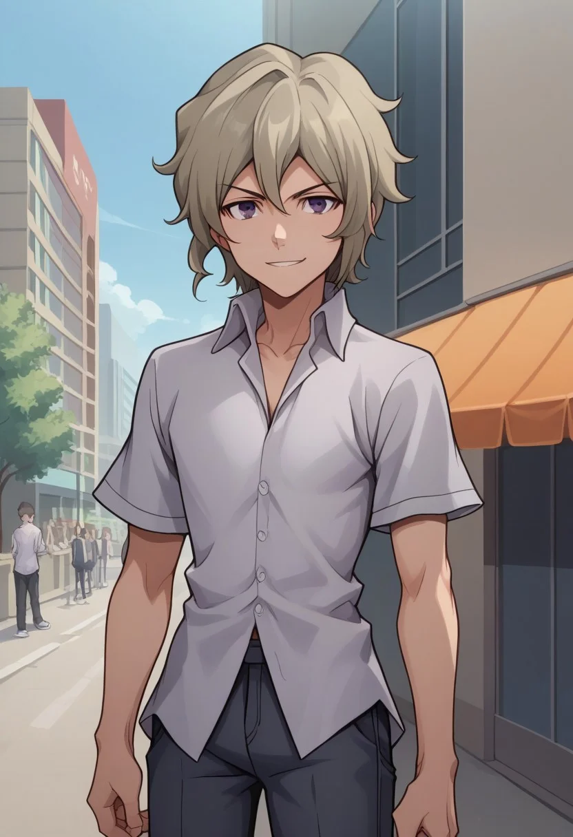 score_9, score_8_up, score_7_up, source_anime, highly detailed,
yoshiya, solo, 1boy, male focus, grey hair, purple eyes, pants, shirt, upper body, standing, black pants, collared shirt, short sleeves, smile, determined,
outdoor, street, buildings, sky,