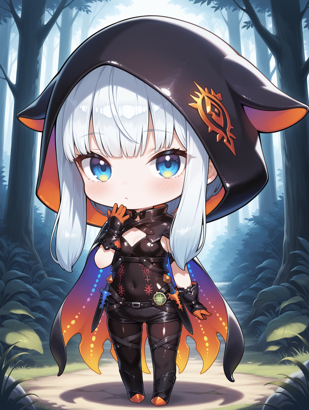 chibi, namielle armor, 1girl, solo, long hair, white hair, blue eyes,  looking at viewer, hand on own chin, blush, closed mouth,  standing, knife sheath, sidelocks, blue hair, orange tentacle cape, black hood, black gloves, black shorts, black thigh boots, black thighhighs, black bodysuit, waving, forest
masterpiece,best quality,amazing quality,very aesthetic,absurdres,newest,<lora:Namielle Beta Armor illuXL v1:0.75>,