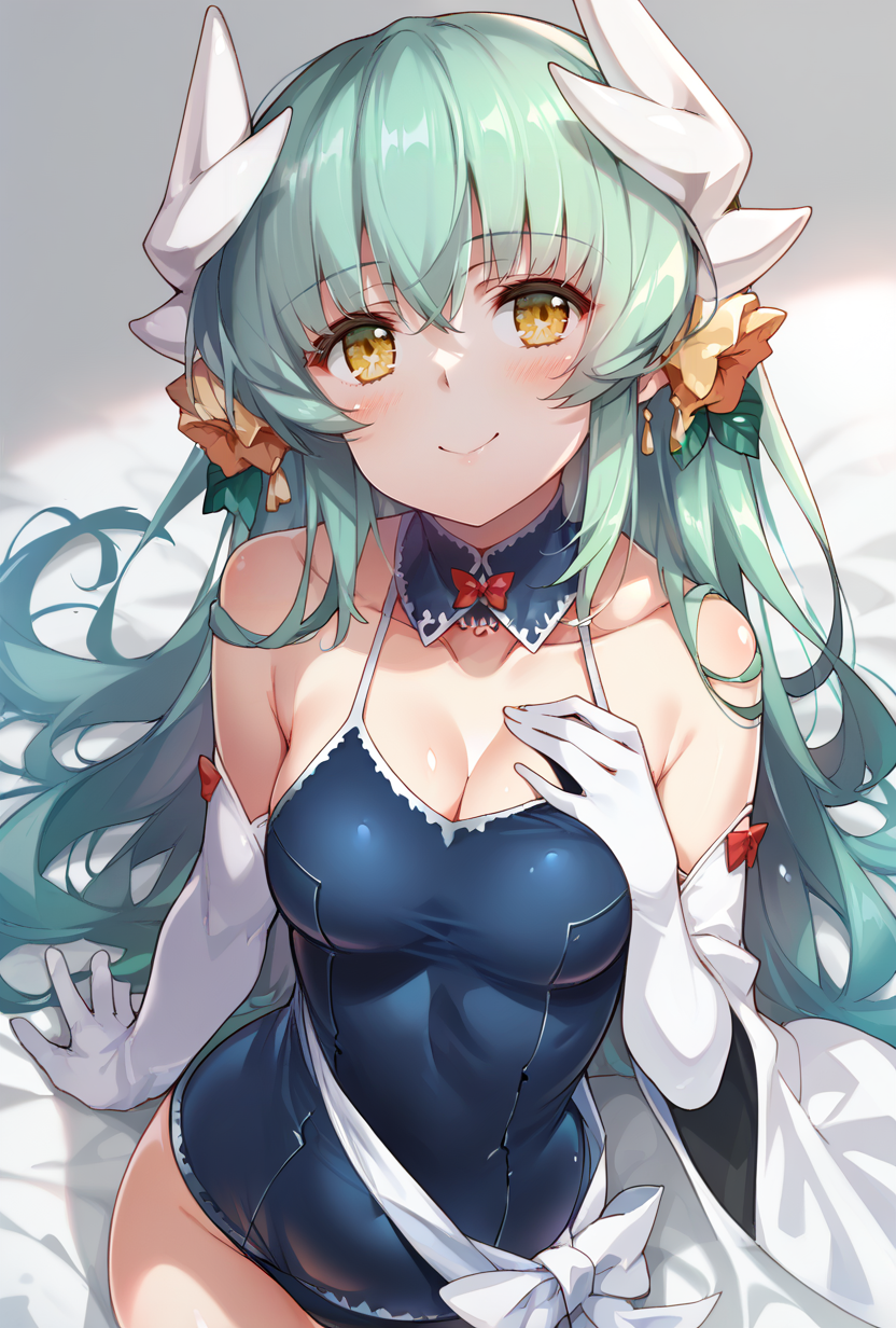 score_9,score_8_up,score_7_up,score_6_up,score_5_up,score_4_up, source_anime,  <lora:kiyohime_(lancer)_XL_1:1>  bbkiyo, long hair, green hair, white horns, hair flower, yellow eyes, detached collar, cleavage, school swimsuit, blue one-piece swimsuit, elbow gloves, white gloves, sash, blush, smile,    <lora:HongBS_Whitespider_-Style-PonyXL-Dora-000035:1>