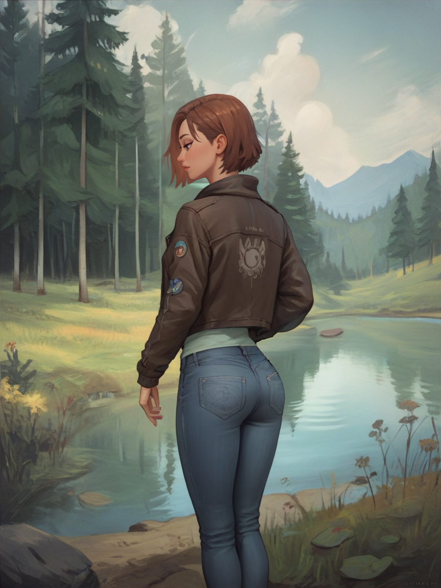score_9. score_8_up, score_7_up, score_6_up, score_5_up, score_4_up,  <lora:3m1lyc4rrXLP:0.6> 3m1lyc4rr, forest, 1girl, jeans, jacket, lake