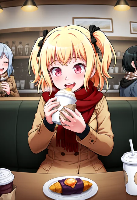 IllustriousQual <lora:StS-Illustrious-Detail-Slider-v1.0:2> <lora:cfg_scale_boost:0.3>,detailed_background,indoors,disposable cup,short hair,two side up,scarf,black ribbon,bang dream!,hair ribbon,inkbone,blonde hair,holding food,highres,brown scarf,misumi uika,sidelocks,brown coat,white coat,togawa sakiko,multiple girls,^ ^,snow,cup,holding,long hair,blush,sweet potato,yellow eyes,roasted sweet potato,bang dream! it&