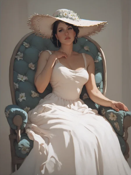 score_9, score_8_up, score_7_up, score_6_up, woman, sexy dress, wide-brimmed hat, high chair, sitting <lora:Claude_Monet_Style:1>