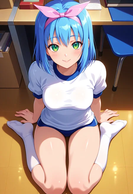masterpiece, best quality, amazing quality, absurdres, 1girl, solo, nagisaww, green eyes, blue hair, medium hair, pink hairband, pink hair bow, medium breasts, gym uniform, gym shirt, untucked shirt, blue buruma, white socks, <lora:Mizushiro_Nagisa_Gakuen_Saimin_Reido_ill:0.8>, from above, sitting, wariza, looking at viewer, smile, indoors, skindentation, detailed clothing folds, depth of field, sharp, high contrast, dynamic light