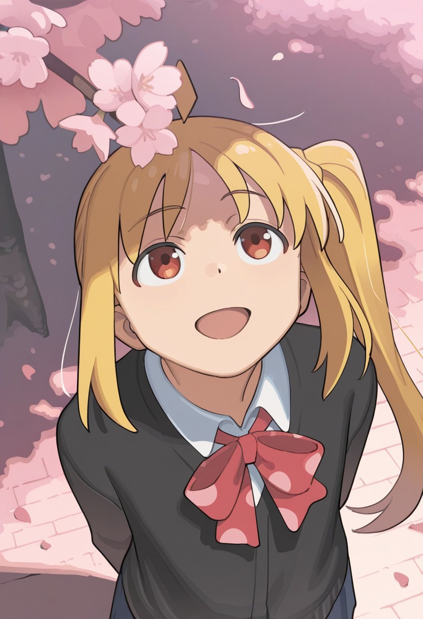 1girl, solo, ijichi nijika, bocchi the rock!, takamichi, open mouth, smile, looking up, white shirt, black cardigan, bow, arms behind back, outdoors, cherry blossoms, falling petals, branch, close-up, from above, masterpiece, best quality, amazing quality