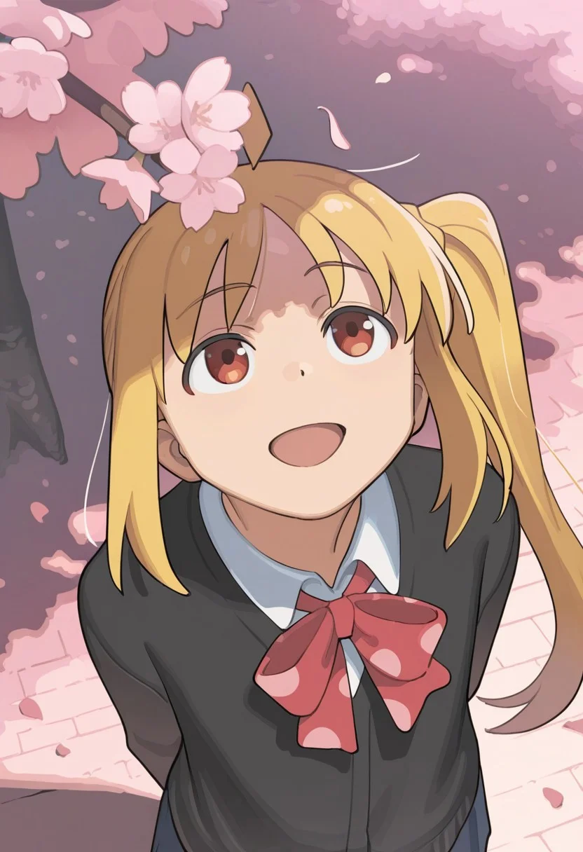 1girl, solo, ijichi nijika, bocchi the rock!, takamichi, open mouth, smile, looking up, white shirt, black cardigan, bow, arms behind back, outdoors, cherry blossoms, falling petals, branch, close-up, from above, masterpiece, best quality, amazing quality