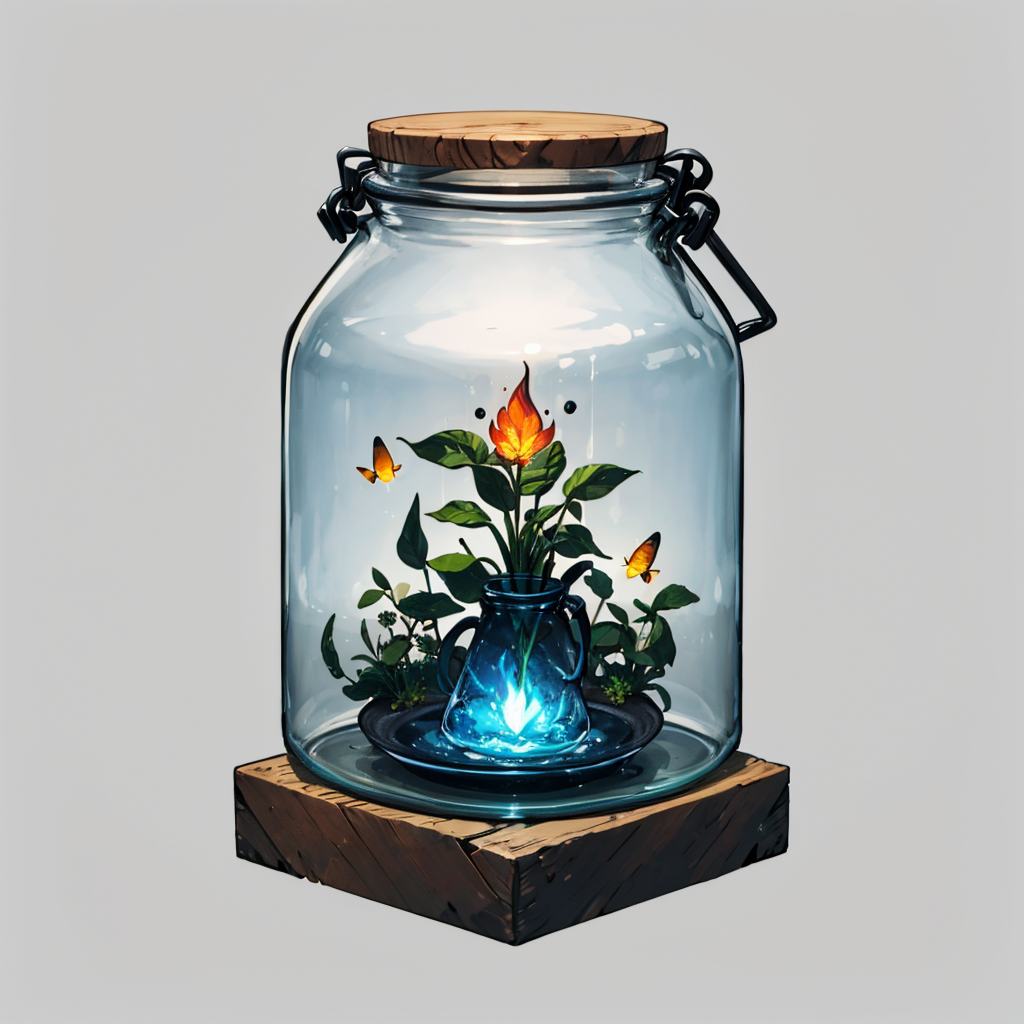 otherworldly, hexagonal composition, glass jar, wooden table, fireflies, night, outdoors, simple background  <lora:hexagon_composition_03:0.6>