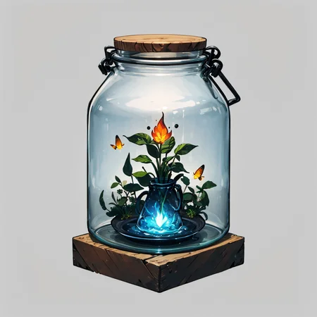 otherworldly, hexagonal composition, glass jar, wooden table, fireflies, night, outdoors, simple background <lora:hexagon_composition_03:0.6>