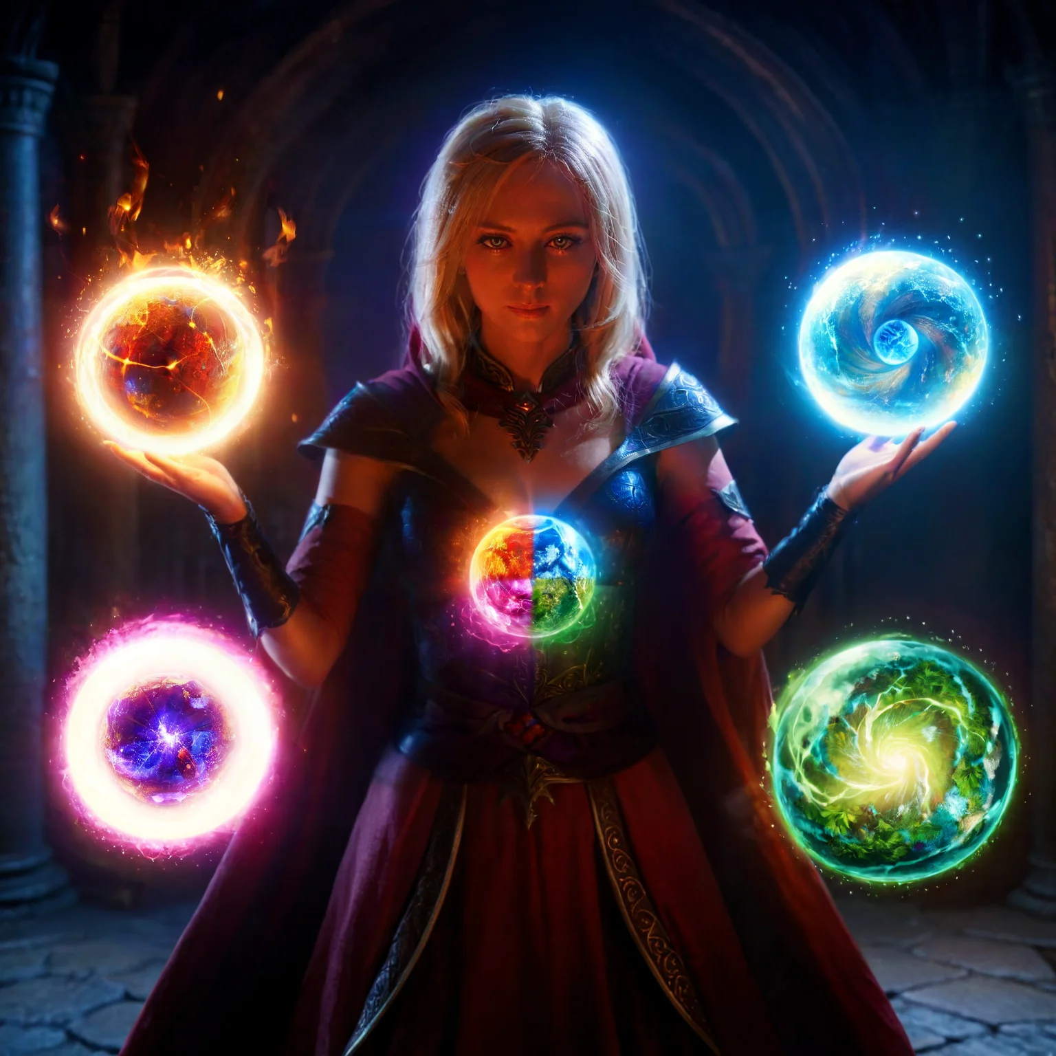 female archmage casting (elementalfusion spell:1.4), 4 different glowing elemental orbs,earth orb, water orb, wind orb, (fire orb:0.8), glowing, embers,4 elements, magic,
(epic:1.3),rim light, dim light, cinematic, detailed, intricate details, masterpiece, best quality, perfect composition, rutkowski inspired intricacies, beautiful eyes,
<lora:add-detail-xl:2.0>,<lora:elements_blend:0.8>, <lora:Aesthetics_Enhancer_XL:0.6> enhanceimage ,<lora:glowneon_xl_v1:0.6> , <lora:hand 4:0.8> Hand